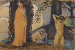 Två kvinnor och en yngling i badet av Ludwig von Hofmann