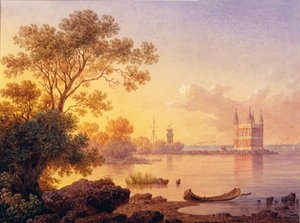 Vy över den rosa paviljongen (Ozerki) i Peterhof (Saint Petersburg). Verk av Luigi Premazzi (1814-1891), akvarell på papper. Italiensk konst från 1800-talet, akademiism. Statens friluftsmuseum Peterhof, Sankt Petersburg. av Luigi Premazzi