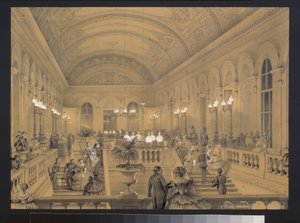 Trappan till den kejserliga teatern Bolchoi Kammeny, i Sankt Petersburg. Konstverk av Luigi Premazzi (1814-1891), akvarell och vitt på papper, cirka 1850. Italiensk konst av Luigi Premazzi