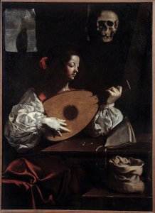 Lutspelare. Målning (Vanite) av Luigi Miradori (1600-talet)