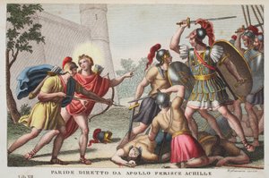 Paris dödar Achilles eller Paride diretto da Apollo Ferince Achille, Bok XIII, illustration från Ovidius