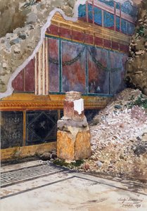 Silverbröllopets hus, skadad fresk av girlander, som sett på plats under utgrävning, Pompeji, 1897