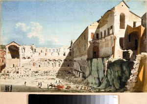 Byggarbetsplats för rivning av kyrkan och klostret Saint Dominica i Genua (akvarell, cirka 1825) av Luigi Garibbo