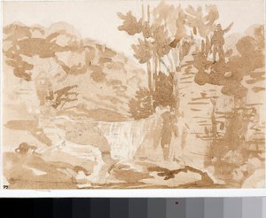 Landskap med vattenfall vid Settignano, Toscana (akvarell, ca 1820)