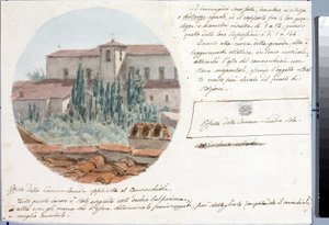 Teleskopvy av kyrkan San Salvatore al monte nära Florens (teckning och akvarell, ca 1833) av Luigi Garibbo