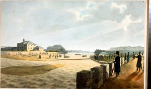 Utsikt över Pila-bron i Genua (akvarell, ca 1825)