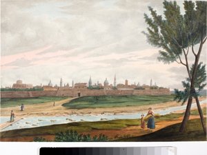 Utsikt över en muromgärdad stad, troligen Lucca i Toscana (bläck och akvarell, ca 1820) av Luigi Garibbo