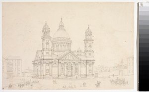Utsikt över basilikan Santa Maria Assunta di Carignano i Genua (ritning av Luigi Garibbo