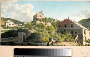 Utsikt över kullen och kyrkan i Oregina, Genua (akvarell, cirka 1825) av Luigi Garibbo