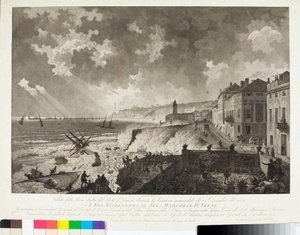 Utsikt över hamnen i Genua under stormen den 25/12/1821 (gravyr, ca 1821) av Luigi Garibbo