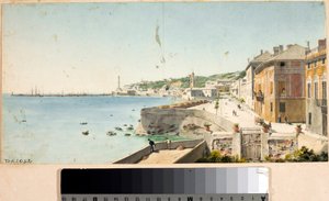 Utsikt över Genuas hamn med Lanterna, stadens fyr, bastionerna och kyrkan San Teodoro (akvarell av Luigi Garibbo