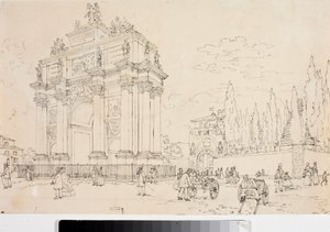 Utsikt över triumfbågen i Porta san Gallo, Florens (ritning, ca 1825) av Luigi Garibbo