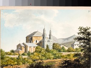 Utsikt över kyrkan ss Nazarius och Celsus i Arenzano, Genua (akvarell, ca 1825)