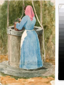 Folkets kvinna drar vatten från brunnen (akvarell