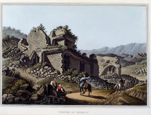 Teater i ruiner i Efese, tidigare antika staden i Grekland, idag i Turkiet. i "" Utsikter i de osmanska dominionerna, i Europa, i Asien och några av Medelhavsöarna"" från originalteckningarna tagna av Luigi Mayer, London av Luigi Mayer