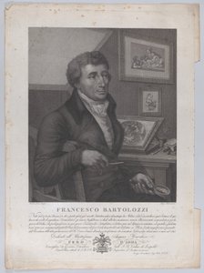 Porträtt av Francesco Bartolozzi, sittande, med ett förstoringsglas med tryckverktyg..., 1827 av Luigi Rados