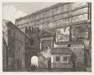 Porta Maggiore i Rom Utsikt över monumentet Condotto delle Acque Claudia och Anione Nuovo och Acqua Felice (titel på objektet)