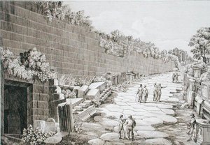 Romersk väg till Tusculo efter den första utgrävningen 1825, från "Le Antichita dei contorni di Roma", publicerad 1824-26 (etsning).