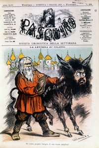 Tecknad film om Tolstoj av Luigi Sapelli Caramba (1865-1936) angående brevet som skickats av Tolstoj till den Heliga stolen. Omslag till Pasquino från 1901-05-05.