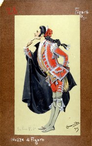 Representation av figuren Figaro, "Figaros bröllop" av Wolfgang Amadeus Mozart från 1786. Kostym av Luigi Sapelli Caramba (1865-1936)