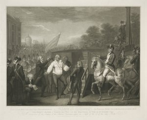 Lodewijk XVI vid het schavot Lewis den sextondes lugna och samlade beteende vid avsked från sin biktfader Edgeworth / ögonblicket innan en period sattes till hans existens den 21 januari 1793 (titel på objekt) av Luigi Schiavonetti