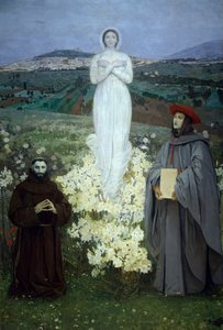 Jungfruns uppenbarelse för den helige Franciskus av Assisi och Bonaventure, av Luigi Serra (1846-1888). av Luigi Serra