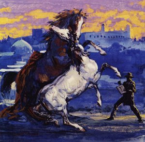 Delacroix såg två vildhingstar slåss och skissade, utan hänsyn till risken, på scenen (färglitografi) av Luis Arcas Brauner