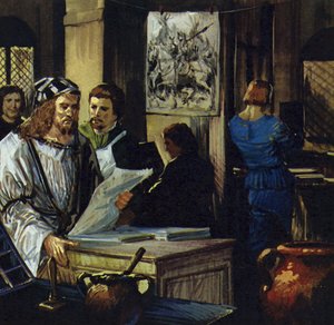 Durer åkte till Basel och blev xylograf (trägravör) (färglitografi)