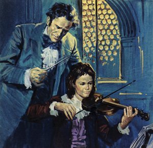 Eugene Delacroix var ett bräckligt barn som tidigt visade talang för violin (färglitografi) av Luis Arcas Brauner