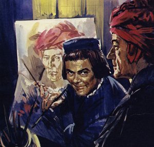 I Brygge målade Van Eyck porträtt som Mannen med den röda turbanen (färglitografi)