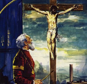 Tizian målade många tavlor för kung Filip II av Spanien, bl.a. hans berömda korsfästelse (färglitografi)