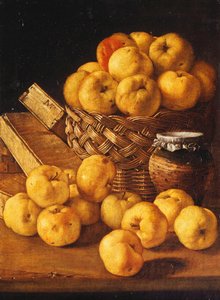 Äpplen i en korg, en burk och kryddaskar på ett bord, av Luis Egidio Melendez