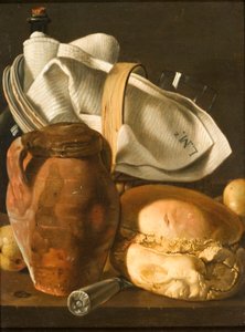 Stilleben med bröd, en kanna och en servett, efter cirka 1830 (olja på duk) av Luis Egidio Melendez