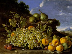 Stilleben med tallrik med druvor, persikor, päron och plommon i ett landskap, ca 1771