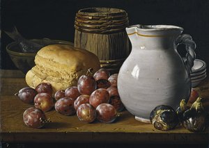 Stilleben med plommon, fikon, bröd och kanna, 1700-talets andra hälft