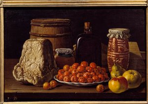 Ost, frukt och mottagare. Målning av Luis Melendez (1716 - 1780), spansk skola