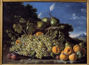 Vindruvor, päron, persikor och plommon Målning av Luis Melendez (1716-1780)