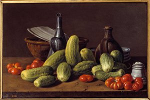 Stilleben: gurkor, tomater och behållare. Målning av Luis Melendez (1716 - 1780)
