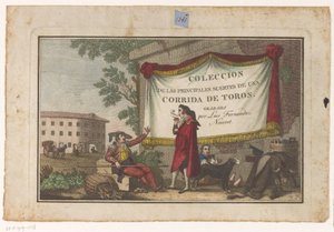 Titeltryck med tjurfäktare och ett tjurskinn Coleccion de las principales suertes de una corrida de toros (serietitel på objekt) Samling av de viktigaste tjurfäktningsmanövrarna (serietitel)