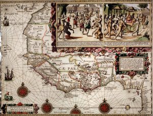 Geografisk karta över Guinee gjord av kartografen Luis Teixera (eller Teixeira), cirka 1586. Längst upp till höger, representation av en dansscen bland ursprungsbefolkningen (afrikaner). av Luis Teixeira