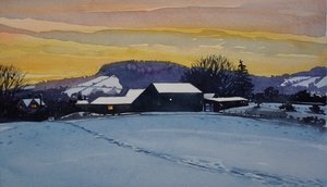 Solnedgång på en vintergård