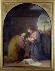 Tillbedjan av Jesus (Jesus och Maria som dyrkar Jesus) Målning av Luisa Mussini Piaggio (1830-1865) Dim 109x81 cm Genes, Galleria d