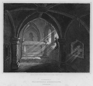 Interiören i Warkworth Hermitage, Northumberland (gravyr)