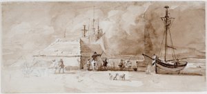 Strandscen med ryttare (blyerts och akvarell på kartong)