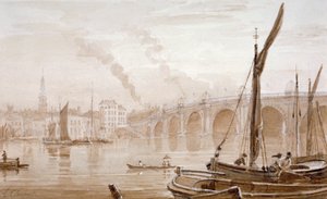 Utsikt över Blackfriars Bridge från Surreys kust, med båtar i förgrunden, London, c1825 av Luke Clennell