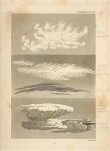 Molntyper som beskrivits av författaren:
a,a, visar karaktären hos cirro-cumulus, liksom dess utseende på avstånd, b,b, en ljus och mörk cirro-stratus; den förra tagen strax före början av regnigt väder, den senare i twil av Luke Howard