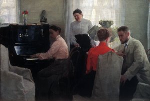 Pretendenten (en ung man som uppvaktar under överinseende av två kvinnliga chaperoner, varav den ena spelar piano) (Groom) - Målning av Lukian Vasilyevich Popov (1873-1914), olja på duk (54x80 cm) av Lukjan Vasilievich Popov