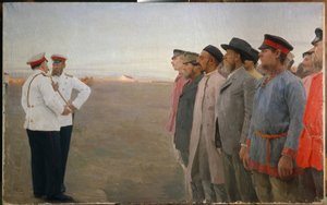 Rekrytering - Målning av Lukian Vasilyevich Popov (1873-1914), olja på duk av Lukjan Vasilievich Popov