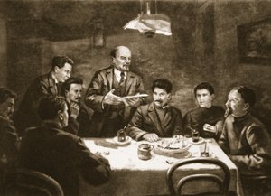 Möte för bolsjevikpartiets centralkommitté, 23 oktober 1917 (litho) av Lupov (attr. to)