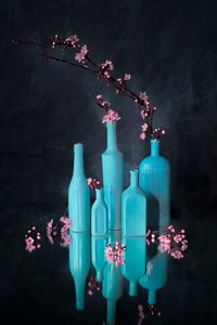 Blå vaser, rosa blommor av Lydia Jacobs
